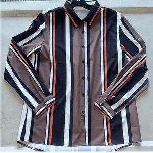 Women's brown and black button down striped blouse. Vintage retro themed Large